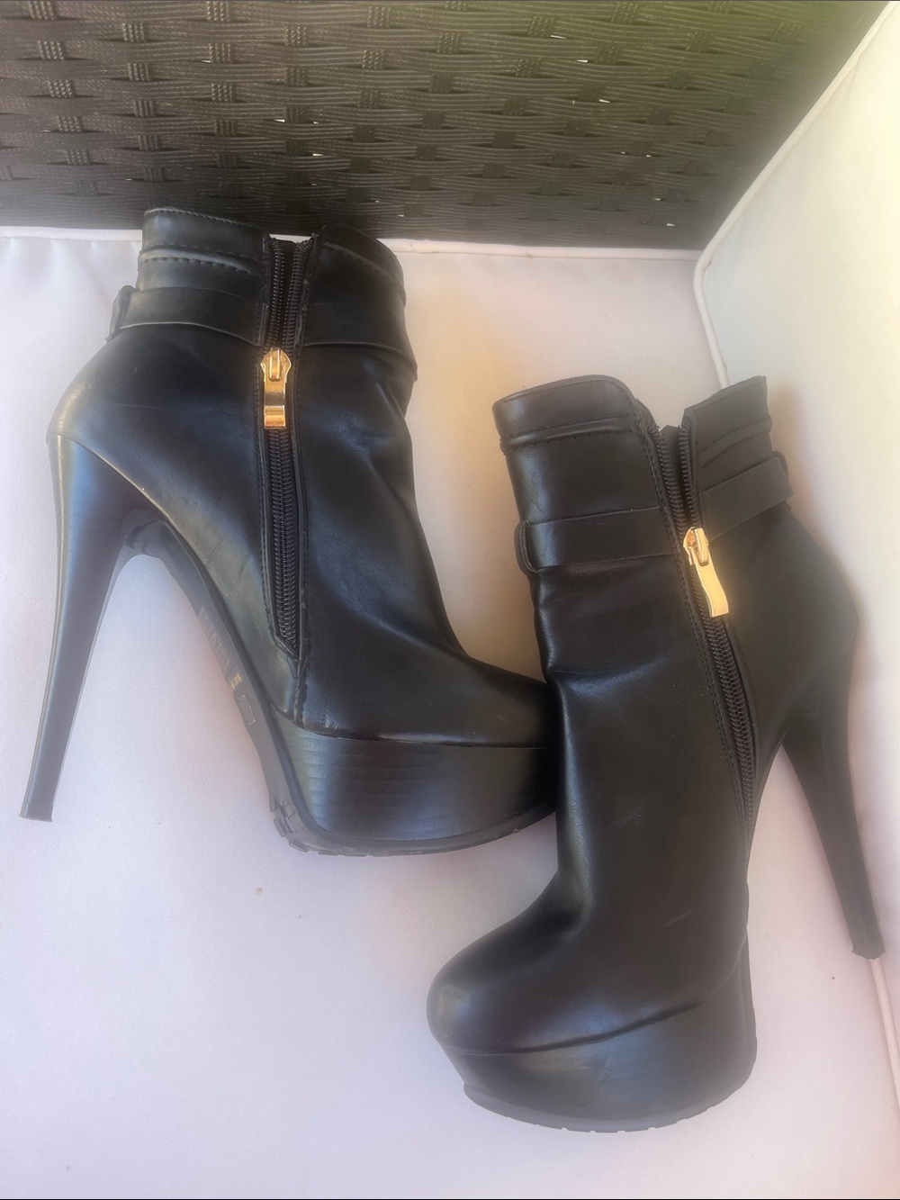 Women's Black High-Heel Ankle Boots with Gold Buckle
